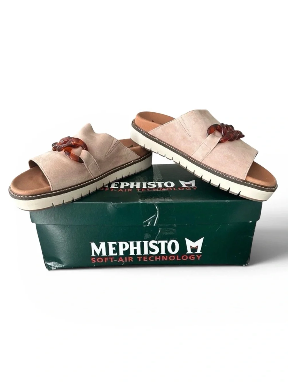 Mephisto Beverly Suede Slide Sandals EU 39 US 9 Sand Tan Tortoise Chain